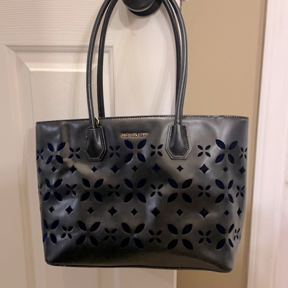MICHAEL KORS Black Leather Navy Blue Velvet Cutout Large Top Zip Tote